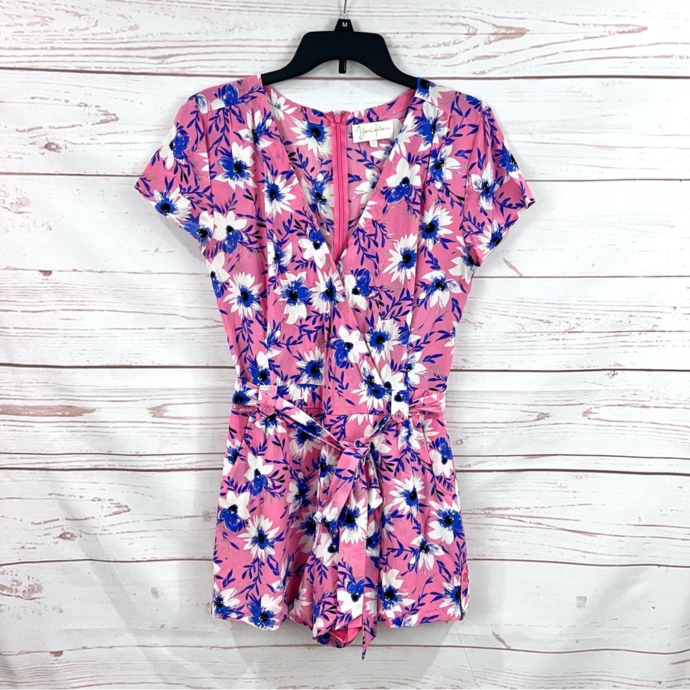 Yumi Kim Paradise Faux Wrap Surplice Romper Jumpsuit Pink Floral Safari Silk - Picture 9 of 16